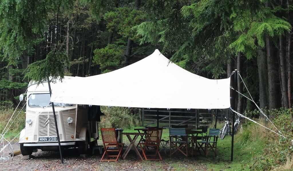 Flo the coffee van under a waterproof stretch tent canopy
