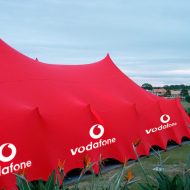 Vodafone Branded Stretch Tent. Large visual impact with branding to reinforce branding on a freeform stretch tent