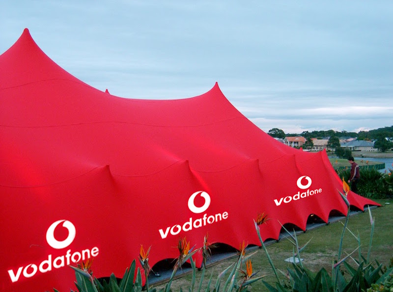 Vodafone Branded Stretch Tent. Large visual impact with branding to reinforce branding on a freeform stretch tent