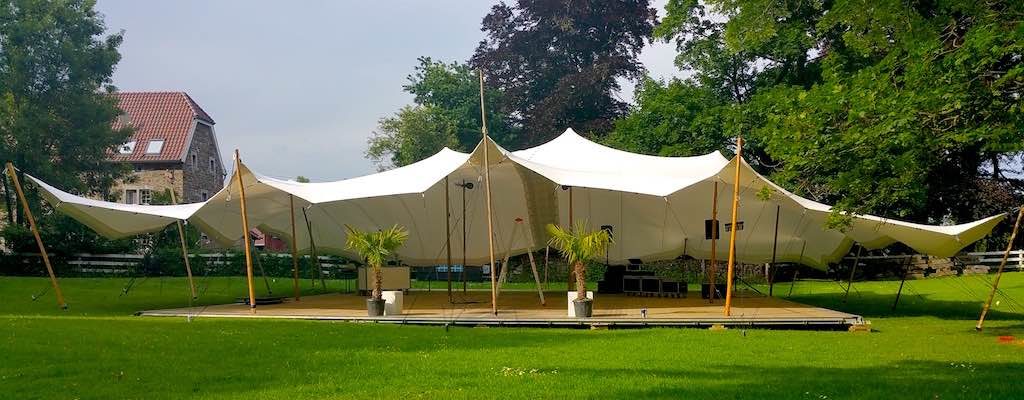 Large White tent with connectors and wooden poles